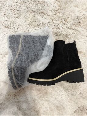Black Suede Chelsea Lug Ankle Boot with Tan Trim